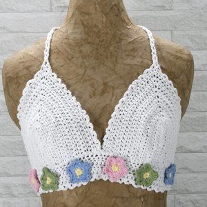 HAND CRAFTED Crop Top Halter Bikini Crochet Flower Power Spring Festival White